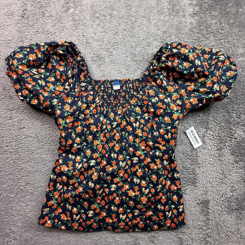 Old Navy Floral Puff Sleeve Top NWT Womens S 100% Cotton Floral Blue Orange